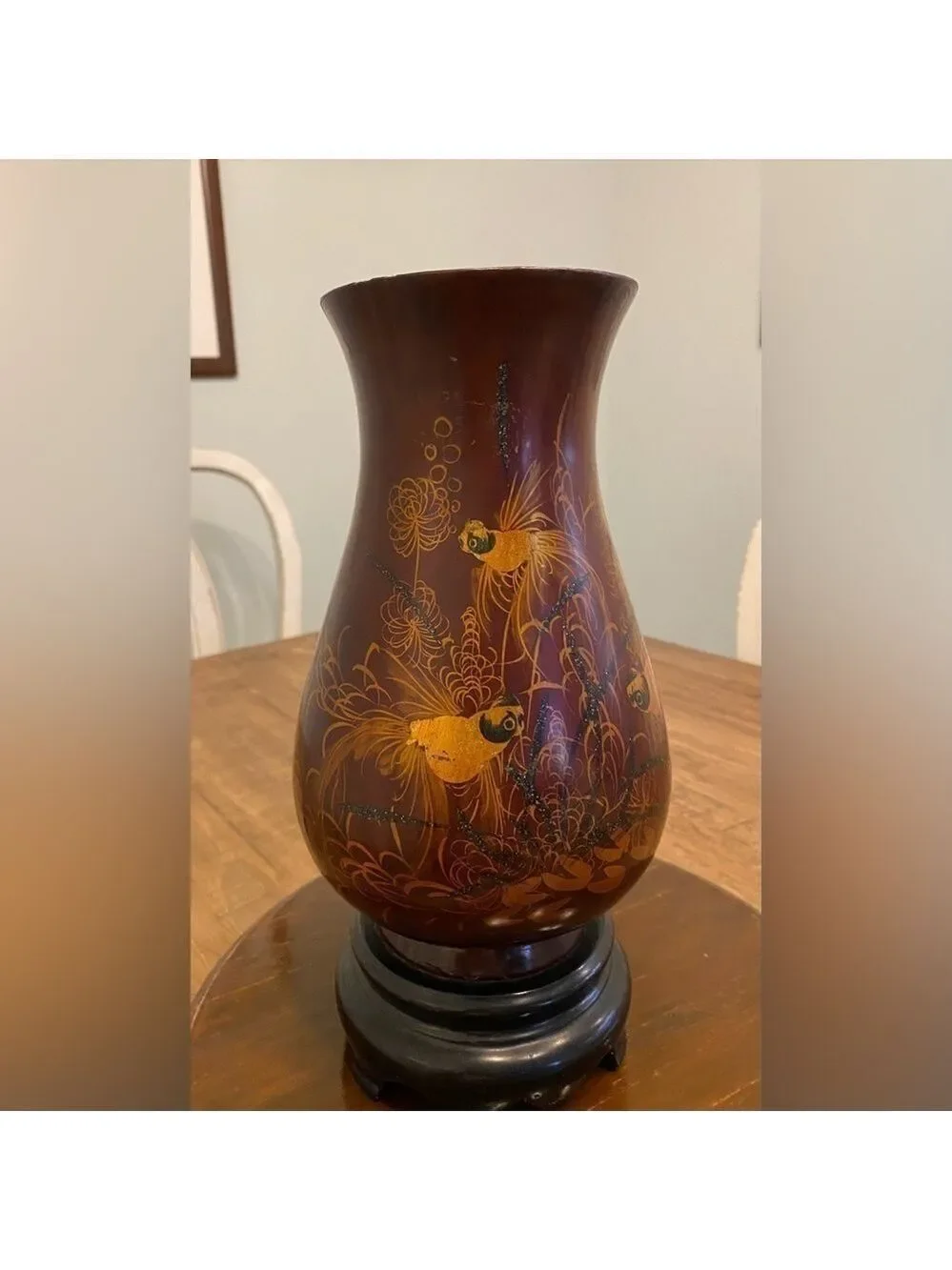Vintage 1960 11” tall Hand painted mahogany & black Lacquer Wood Vase -Viet Nam